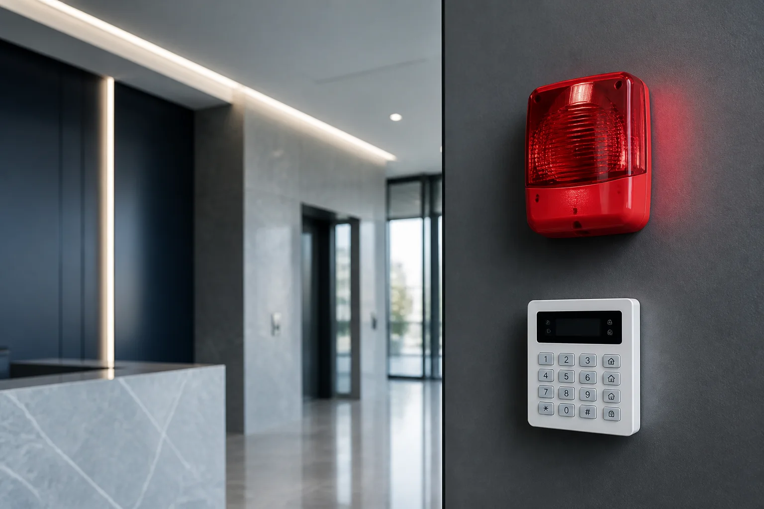 Ticari yapı girişinde alarm sireni ve güvenlik tuş takımı